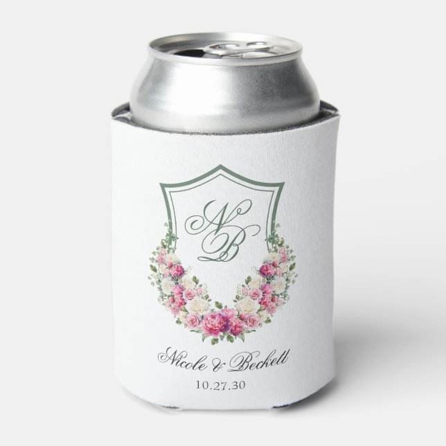 Pink Floral Crest Wedding Cooler (Can Front)