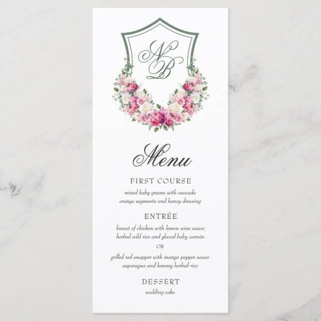 Pink Floral Crest Wedding Menu (Front)