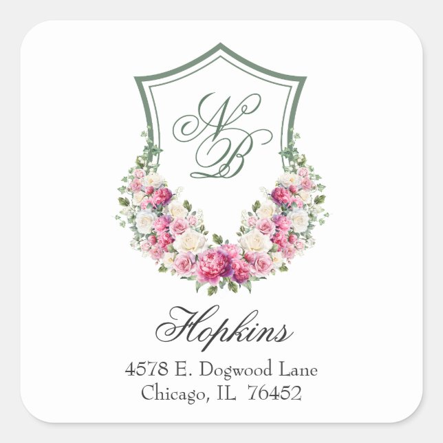 Pink Floral Crest Wedding Return Address Square Sticker (Front)
