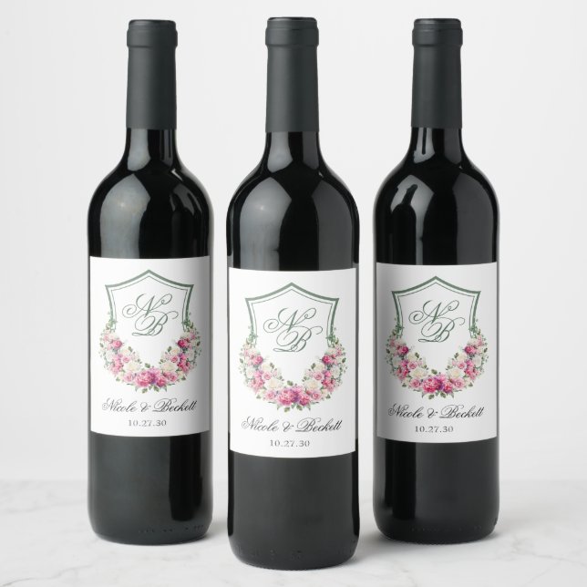 Pink Floral Crest Wedding Wine Label (Bottles)