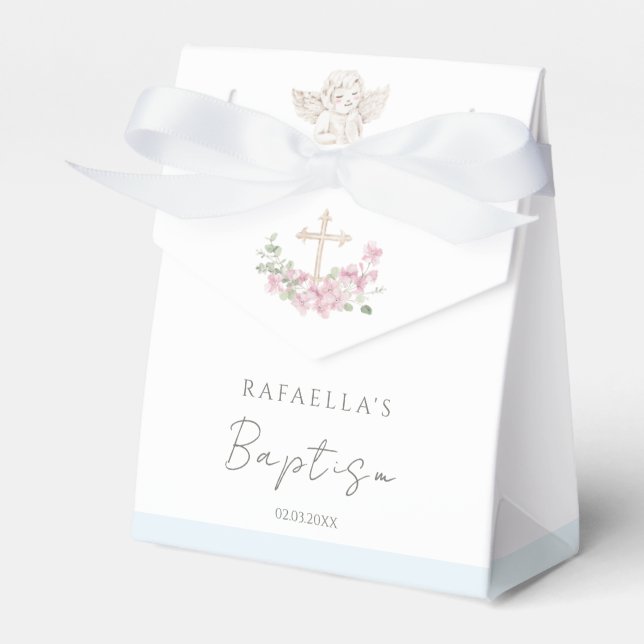 Pink Floral Cross Angel Baptism Favor Boxes (Front Side)