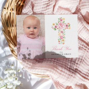 Pink Floral Cross Baptism / Christening Thank You Postcard
