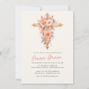 Pink Floral Cross Baptism Invitation