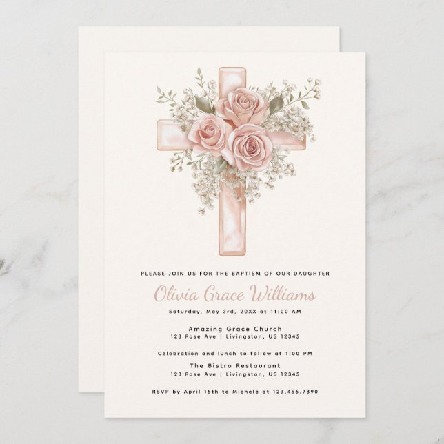 Pink Floral Cross Baptism Invitation (Front/Back)