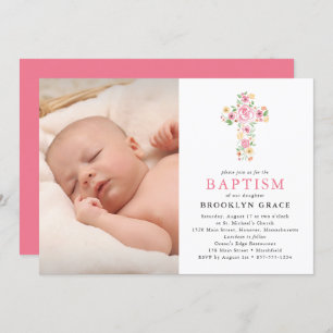 Pink Floral Cross Baptism Photo Invitation
