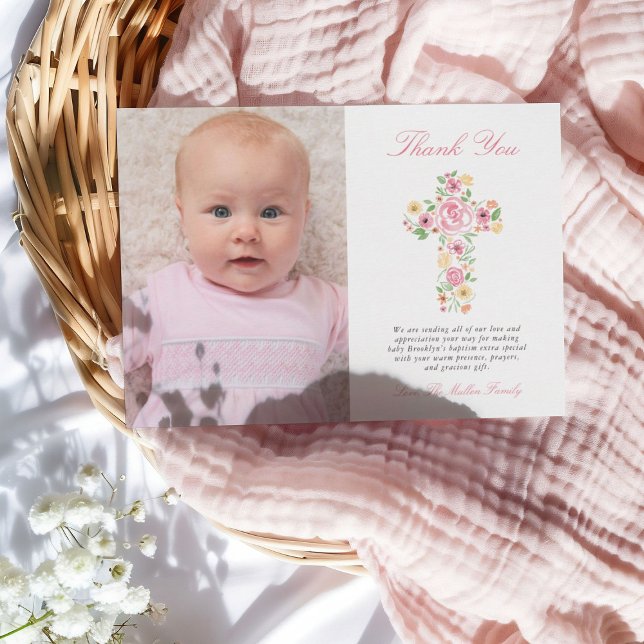 Pink Floral Cross Baptism Photo Thank You Card (Creator Uploaded)