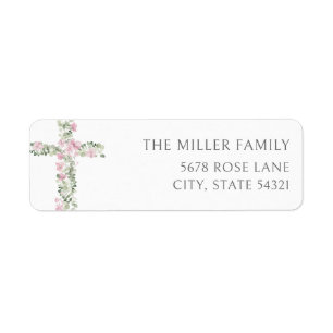 Pink Floral Cross Baptism Return Address Labels
