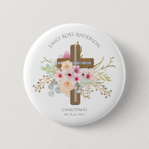 Pink Floral Cross Bouquet Girl Baptism Christening 6 Cm Round Badge