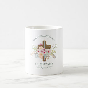 Pink Floral Cross Bouquet Girl Baptism Christening Coffee Mug