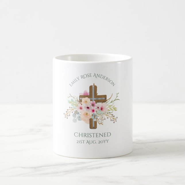 Pink Floral Cross Bouquet Girl Baptism Christening Coffee Mug (Center)