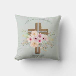 Pink Floral Cross Bouquet Girl Baptism Christening Cushion