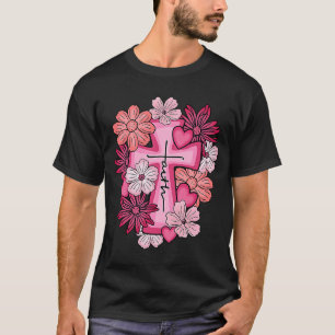 Pink Floral Cross Christian Faith Valentines Day M T-Shirt