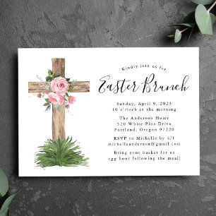 Pink Floral Cross Easter Brunch Invitation