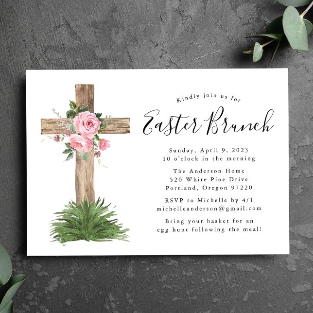 Pink Floral Cross Easter Brunch Invitation (Creator Uploaded)