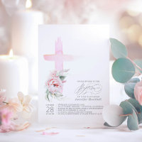 Pink Floral Cross Elegant Modern Girl Baptism