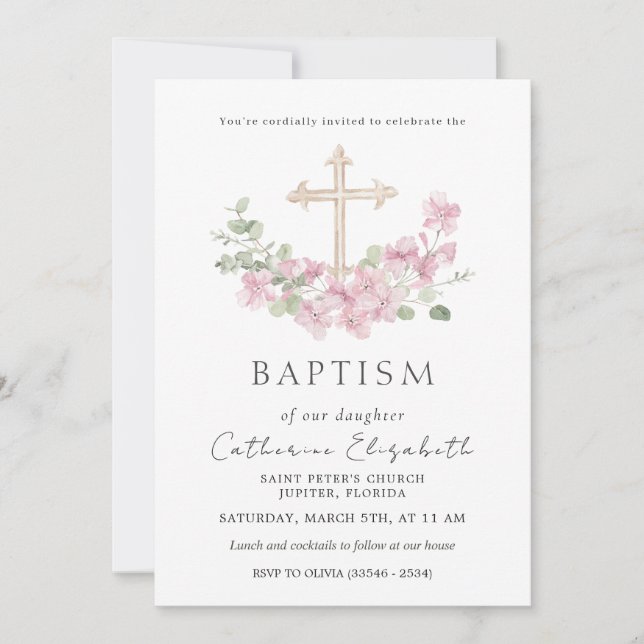 Pink Floral Cross Eucalyptus Leaves Baptism Invitation (Front)
