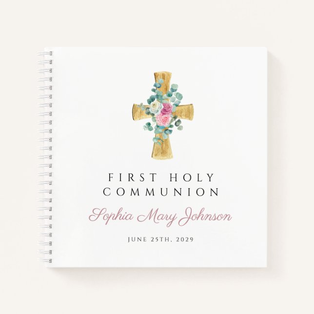 Pink Floral Cross First Communion Guestbook Notebook (Front)