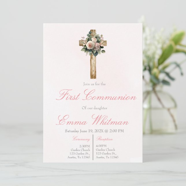 Pink floral cross first communion  invitation (Standing Front)