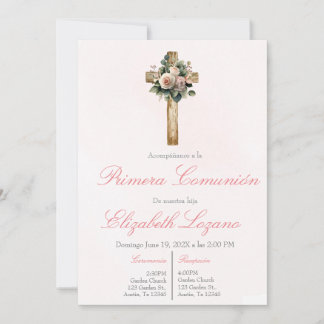 Pink floral cross first communion Spanish  Invitation