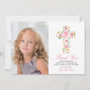 Pink Floral Cross First Holy Communion Thank You Card