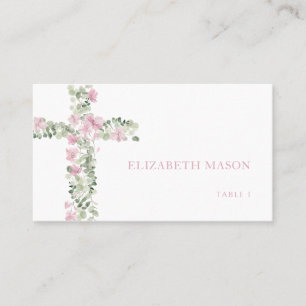 Pink Floral Cross Girl Baptism Place Card