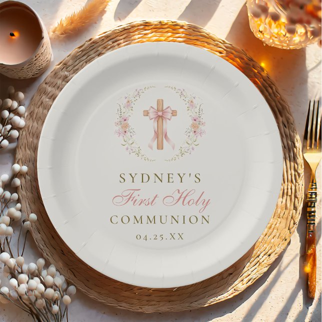 Pink Floral Cross Girl First Communion Paper Plate (Creator Uploaded)