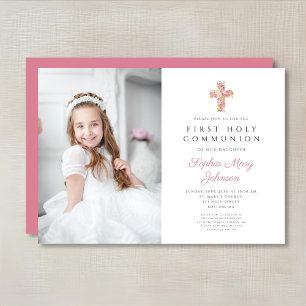 Pink Floral Cross Girl First Communion Photo Invitation