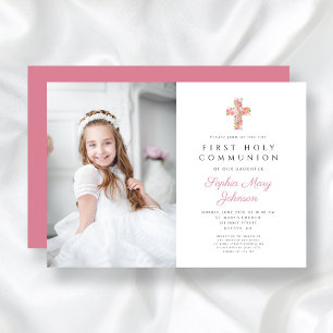 Pink Floral Cross Girl First Communion Photo Invitation