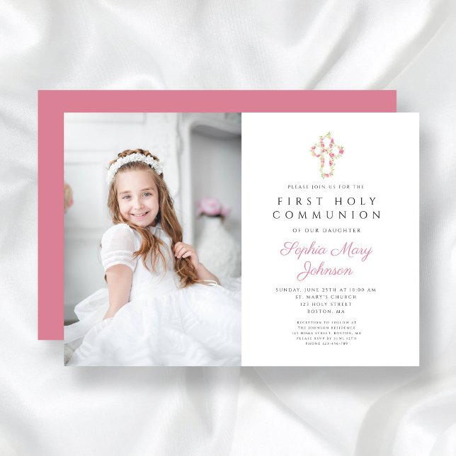 Pink Floral Cross Girl First Communion Photo Invitation (Pink Floral Cross Girl First Communion Photo Invitation)