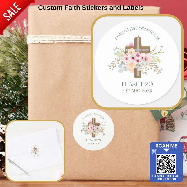 Pink Floral Cross Girls Bautizo Bautismo Baptism Classic Round Sticker (Creator Uploaded)