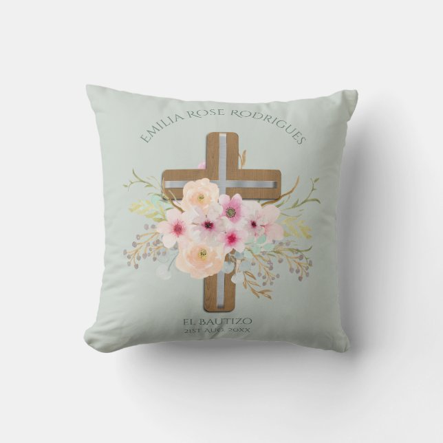 Pink Floral Cross Girls Bautizo Bautismo Baptism Cushion (Front)