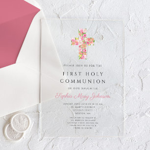 Pink Floral Cross Religious First Communion Acrylic Invitations