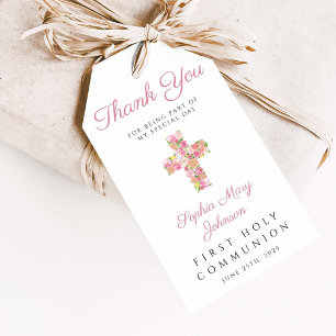 Pink Floral Cross Religious First Communion  Gift Tags