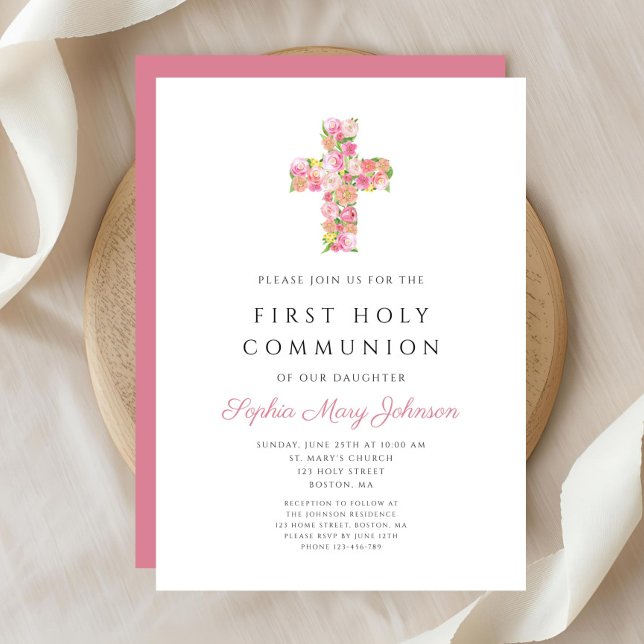Pink Floral Cross Religious Girl First Communion   Invitation (Pink Floral Cross Religious Girl First Communion Invitation)