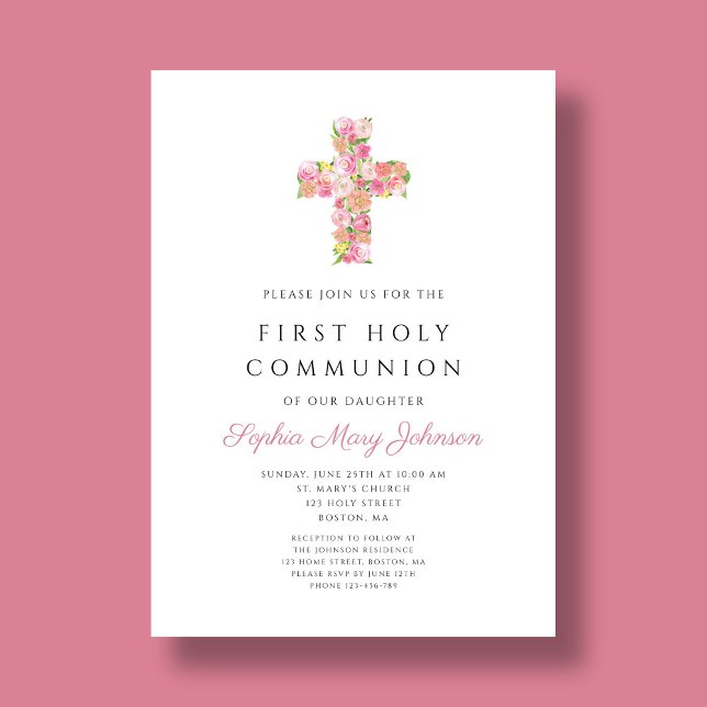 Pink Floral Cross Religious Girl First Communion   Invitation (Pink Floral Cross Religious Girl First Communion Invitation)