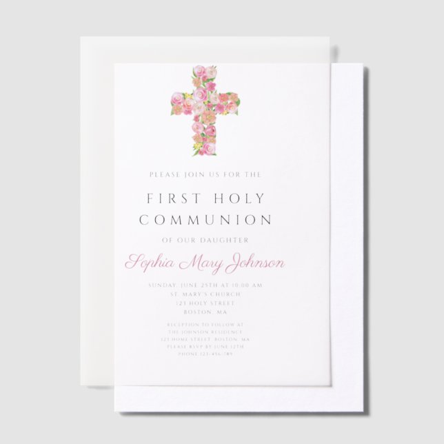 Pink Floral Cross Religious Girl First Communion Vellum Invitations (Offset)