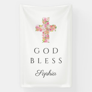 Pink Floral Cross Religious God Bless Banner