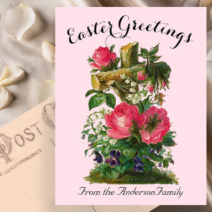 Pink Floral Cross Vintage Easter Religious Postcard