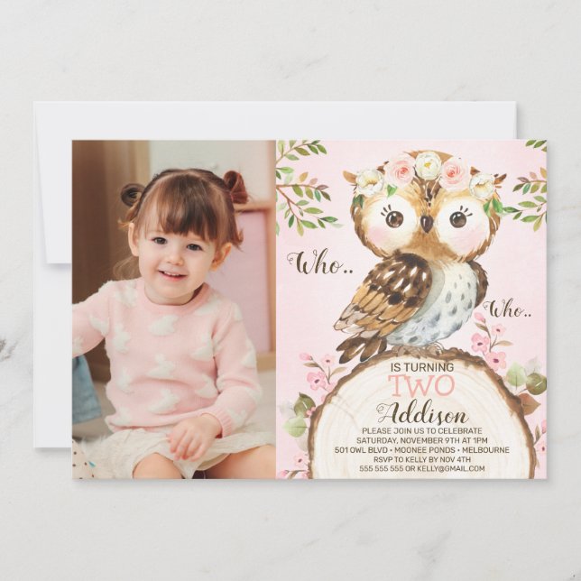 Pink Floral Crown Owl Photo Birthday Invitation (Front)