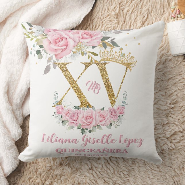 Pink Floral Crown  XV QUINCEAÑERA Quince Keepsake Cushion (Blanket)