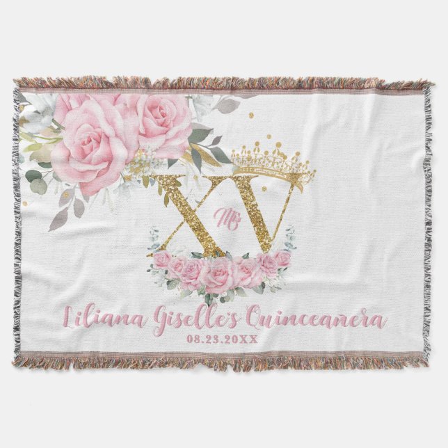Pink Floral Crown XV QUINCEAÑERA Quince Keepsake  Throw Blanket (Front)
