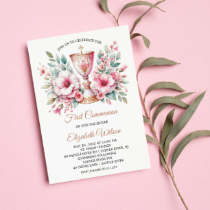 Pink Floral Cup First Holy Communion Girl Invitation
