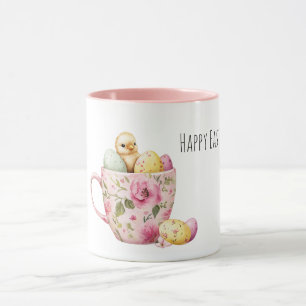 Pink Floral Cup of Easter Eggs Baby Chick