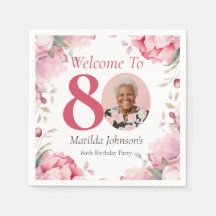 Pink Floral Custom Photo 80th Birthday Welcome