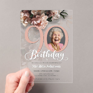 Pink Floral Custom Photo 90th Birthday Acrylic Invitations