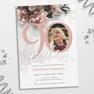 Pink Floral Custom Photo 90th Birthday Party Invitation