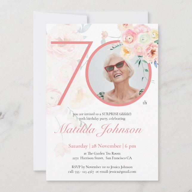 Pink Floral Custom Photo Surprise 70th Birthday  Invitation (Front)