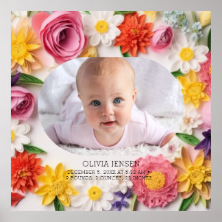Pink Floral Custom Watercolor New Baby Girl Photo Poster