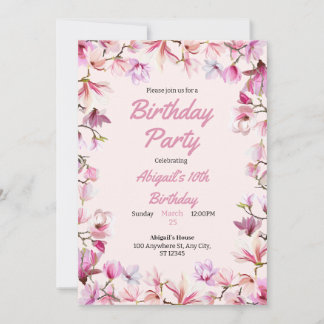 Pink Floral Customisable Birthday Party Invitation