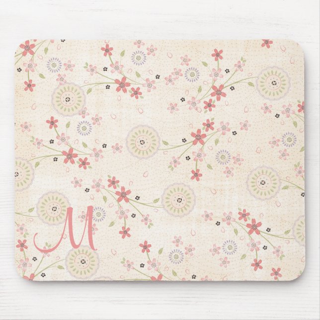 Pink Floral Customisable Monogram Mouse Pad (Front)